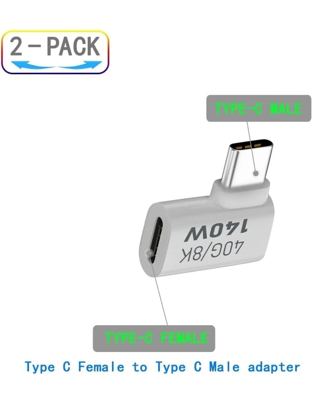 USB-C Female to Male 90° Adapter Extender 140W 40Gbps 8K – 2 Pack (White)